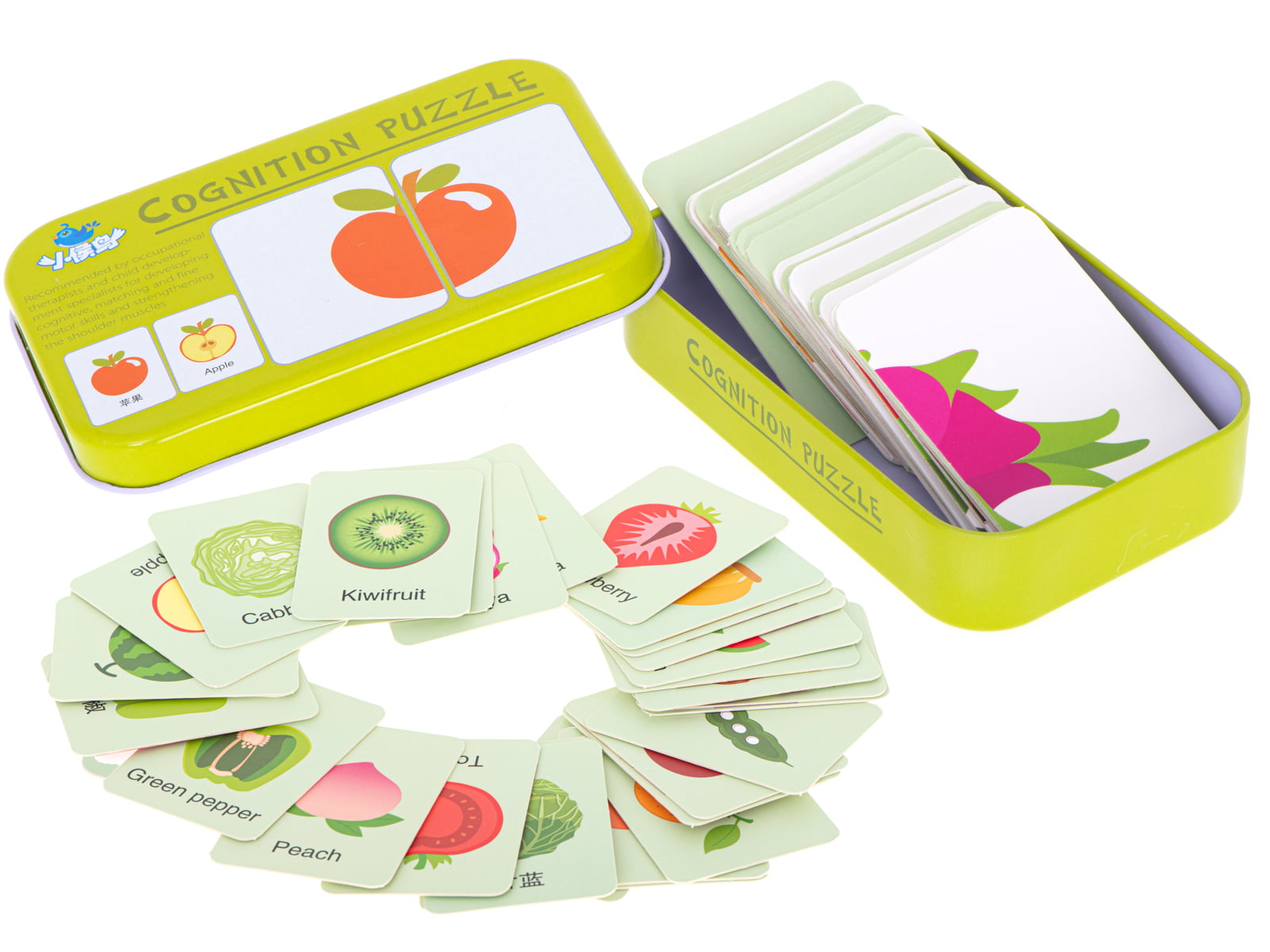 Joc educativ de asociere - carti de joc cu fructe si legume in cutie metalica - imagine 2
