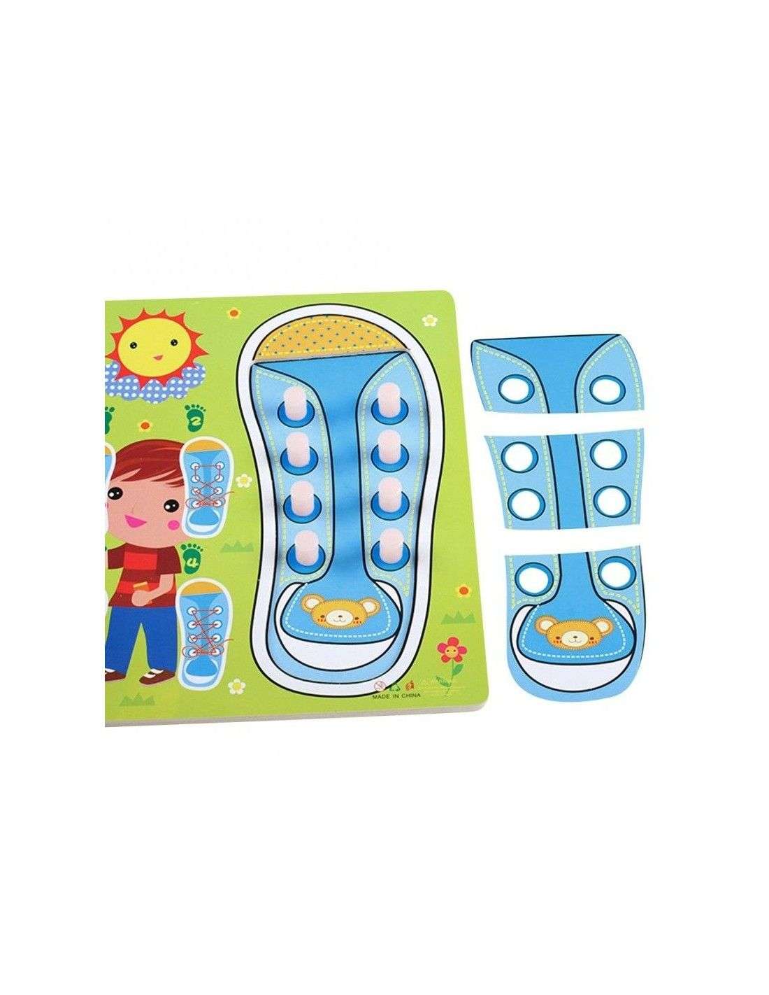 Puzzle din lemn - Invatam sa legam sireturile - Albastru, 3 ani - imagine 2