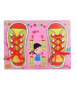 Puzzle din lemn - Invatam sa legam sireturile - Roz, 3 ani