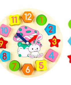 Puzzle incastru din lemn cu 12 forme geometrice - Ceas, 25 cm