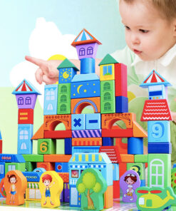 Set educativ de 100 cuburi din lemn multicolore pentru construit - Trafic urban