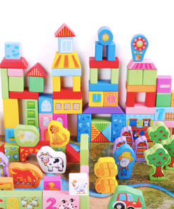 Set educativ de 100 cuburi din lemn pentru construit - Ferma animalelor, 3 ani