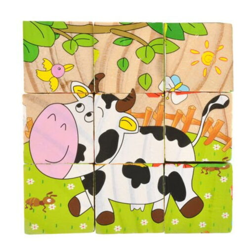 Set 6 puzzle cubic din lemn - Animale domestice, 9 cuburi