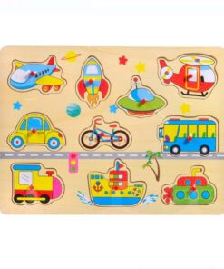Puzzle incastru din lemn cu butoni si 10 vehicule