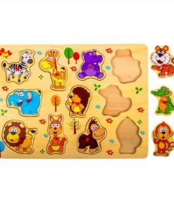 Puzzle incastru din lemn cu butoni si 11 animale salbatice din junga