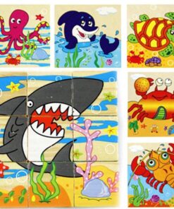 Set 6 puzzle cubic din lemn - Animale marine, 9 cuburi