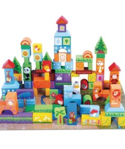 Set educativ de 100 cuburi din lemn multicolore pentru construit - Safari