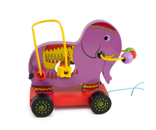 Joc Montessori 2 in 1 - Labirint cu margele si jucarie de tras,Elefant