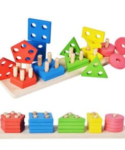 Joc sortator de forme geometrice pe 5 coloane, lemn, 30cm