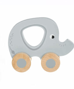 Elefant din lemn, albastru, cu 4 Roti, 10.5x12.8x4.5cm, 6 luni+