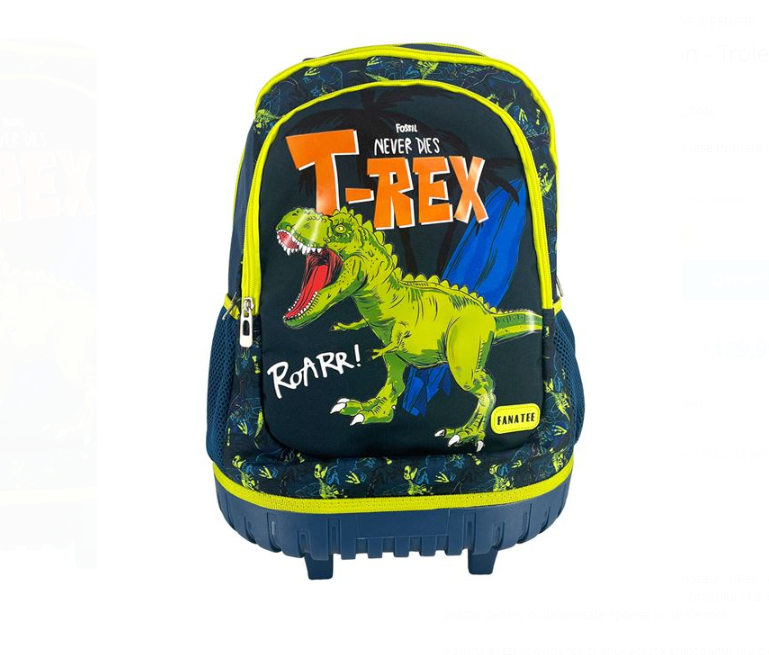 Ghiozdan, Troler scoala pentru baieti, T-Rex, Fanatee, 2 compartimente