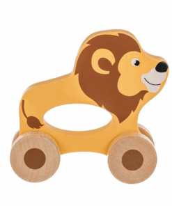 Leu din lemn, albastru, cu 4 Roti, 11.5x12x4.5cm, 6 luni+