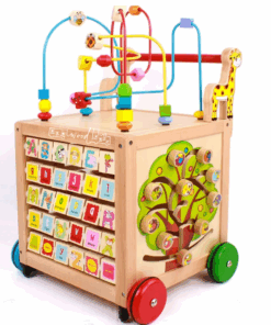 Antepremergator din lemn -  Cub, centru educativ cu 6 activitati, cu maner reglabil