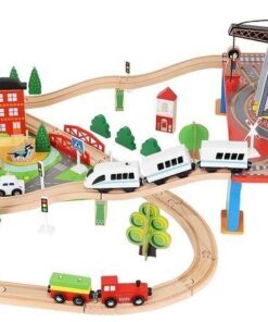 Orasel cu circuit auto si feroviar din lemn pe 2 nivele cu 88 de piese 03.jpeg