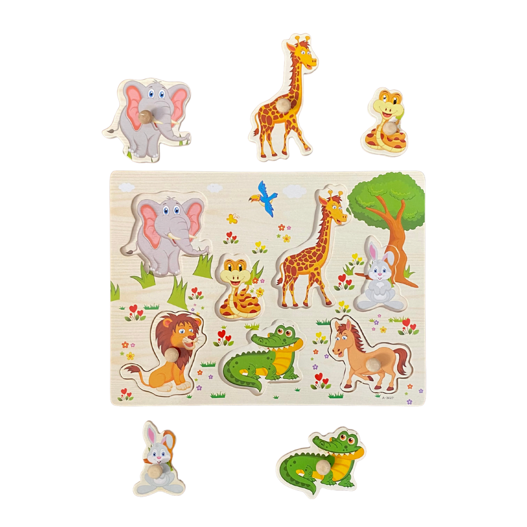 Puzzle incastru din lemn cu butoni si 7 animale Salbatice 01.png