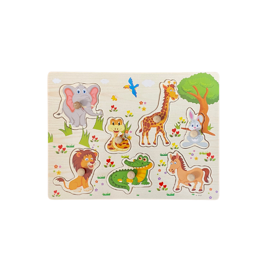Puzzle incastru din lemn cu butoni si 7 animale Salbatice 02.png