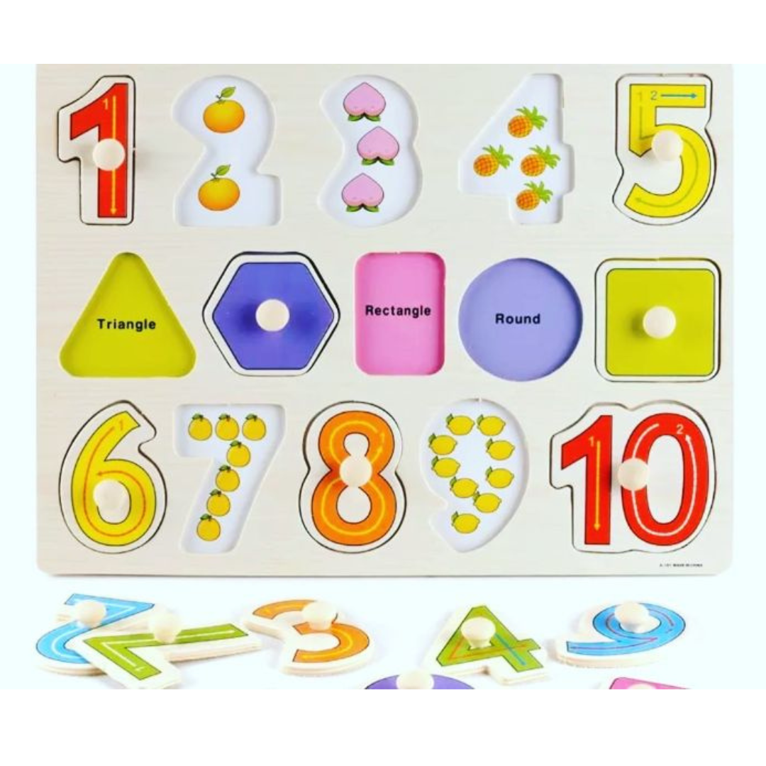 Puzzle incastru cu imagine de asociere, Numere si forme geometrice