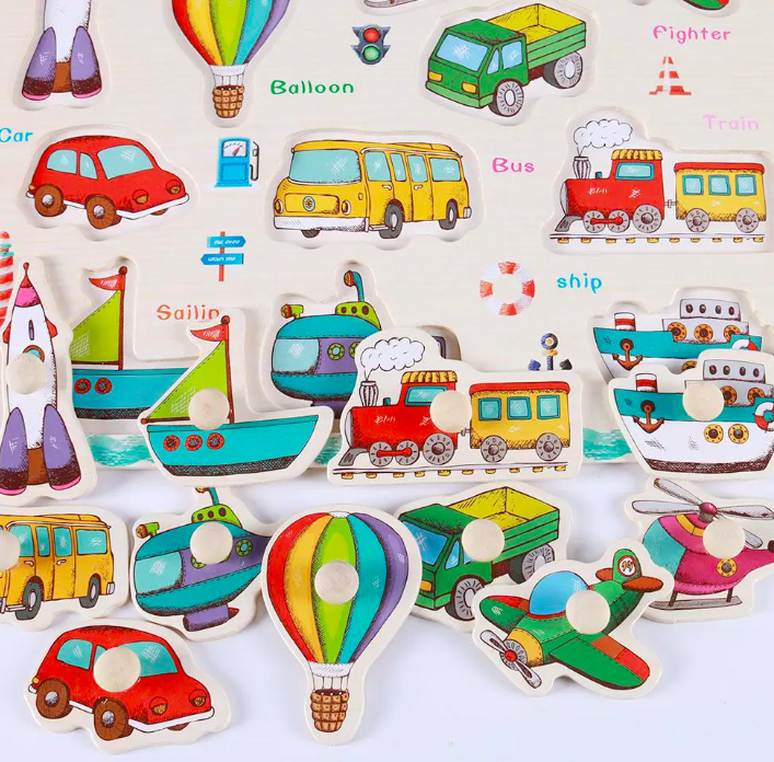 Puzzle incastru din lemn cu butoni Mijloace de transport 02.png