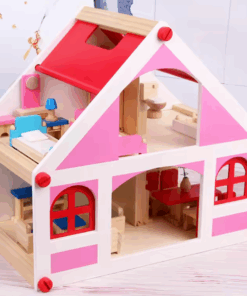 Casa de papusi din lemn cu mobilier si figurine 40 cm Roz 2.png