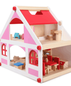 Casa de papusi din lemn cu mobilier si figurine 40 cm Roz 3.png