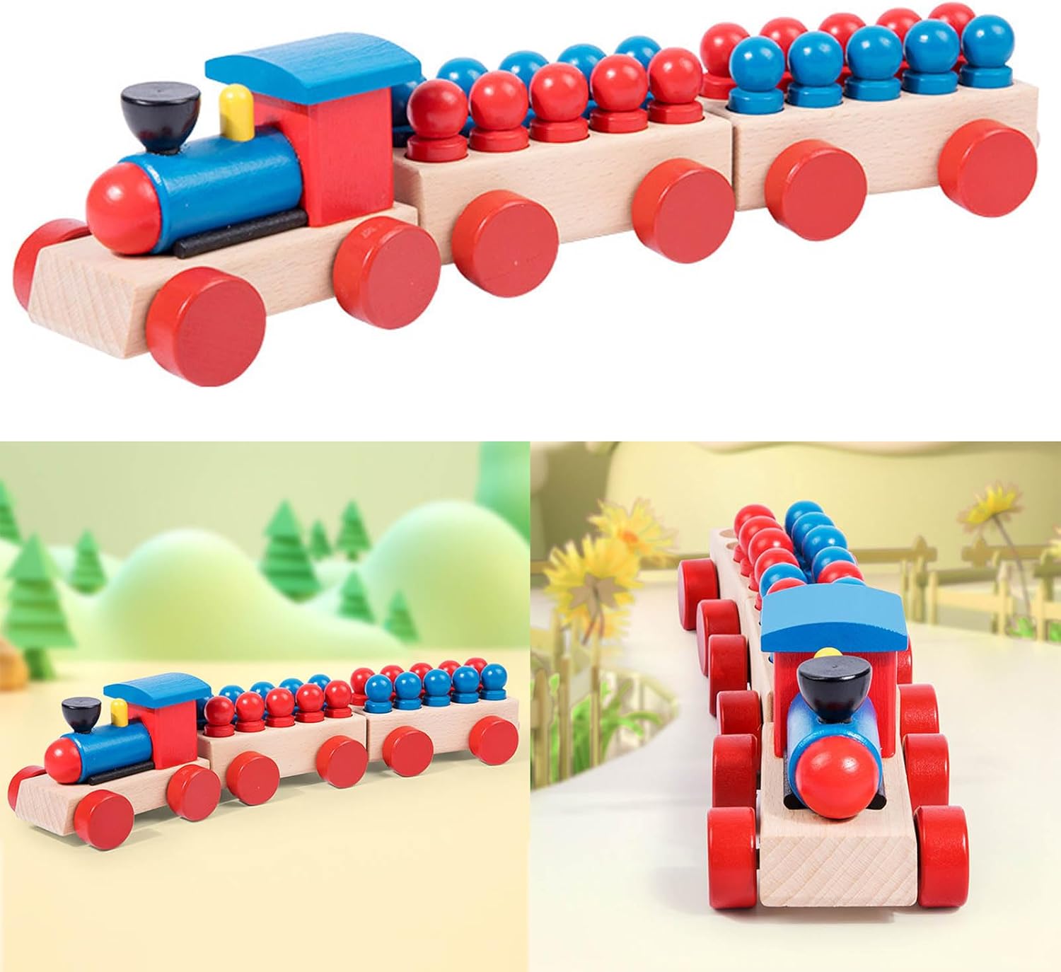 Joc din lemn de tip Montessori, Trenulet cu cilindri colorati, 3 ani - imagine 7