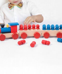 Joc din lemn de tip Montessori, Trenulet cu cilindri colorati, 3 ani