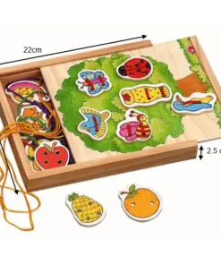 Joc de tip Montessori, set 10 margele de siretuit, din lemn, 3 ani