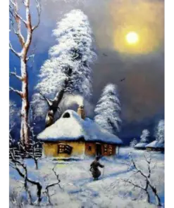 Pictura cu diamante pe sasiu lemn 40*50cm, Peisaj Iarna