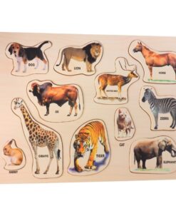 Puzzle educativ din lemn, 11 piese, Animale, 38 cm