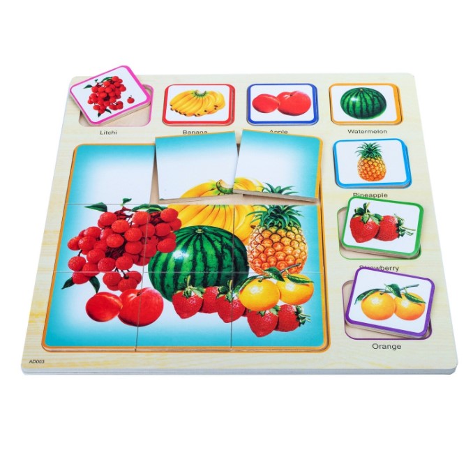 Puzzle educativ din lemn, 16 piese, Fructe, 35 cm