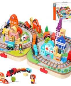 Set de 100 cuburi de constructie si cutie depozitare din lemn, Orasel
