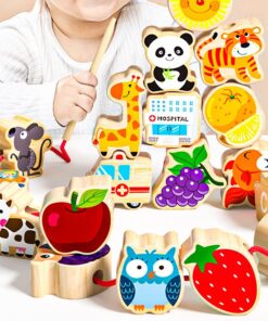 Joc de snuruit, tip Montessori, margele din lemn, 42 piese, 3 ani, Animale
