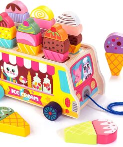 Jucarie de tras din lemn, Stand de inghetata, 22 cm, 3 ani