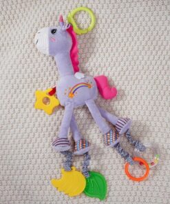 Jucarie senzoriala bebe cu elemente de dentitie si zornaitoare, Unicorn mov, 0 luni+