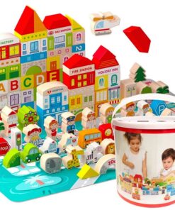 Set 120 de cuburi in galetusa cu sortator de forme geometrice, Alfabet si Orasel