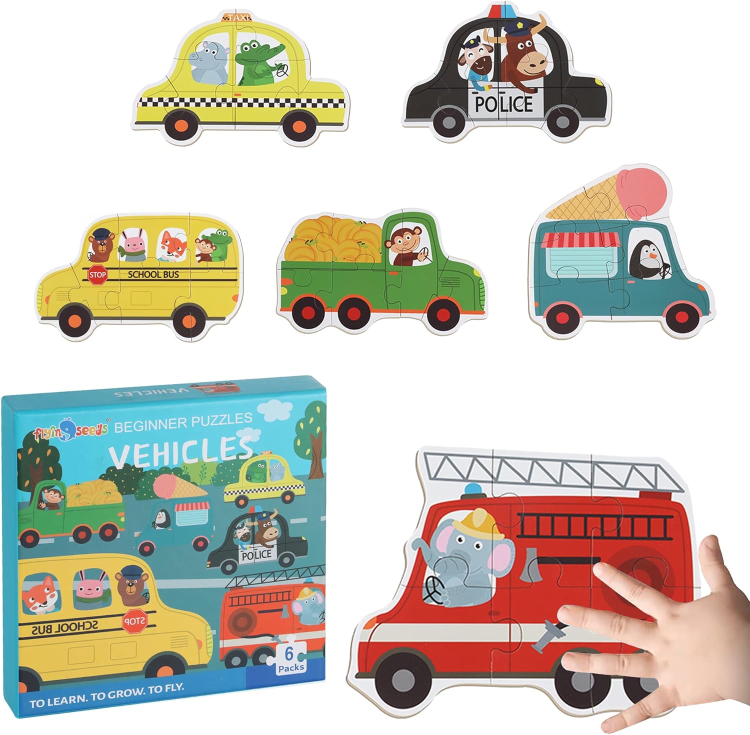 Set 6 puzzle-uri bebelusi din 6 piese mari,15 cm, Mijloace transport, 1-3 ani