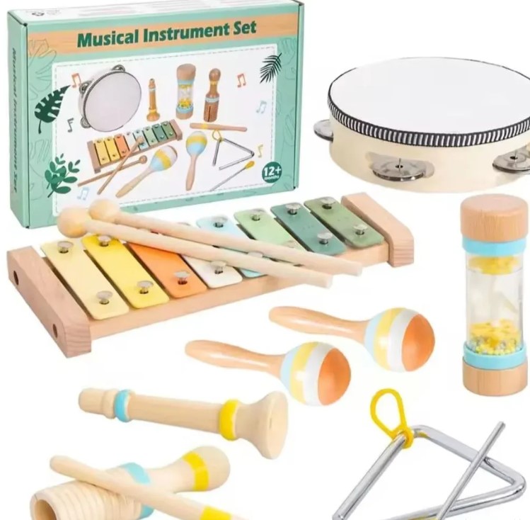 Set 7 instrumente muzicale din lemn pentru copii, 1 an+