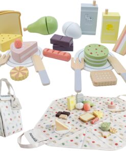 Set picnic cu 24 accesorii din lemn pentru joc de rol, Viața practică, 3 ani