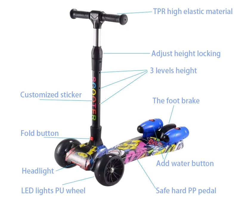 Trotinetă pentru copii cu 3 roți, ajustabilă, pliabila cu lumini LED, sunete si abur, Rosu - imagine 4
