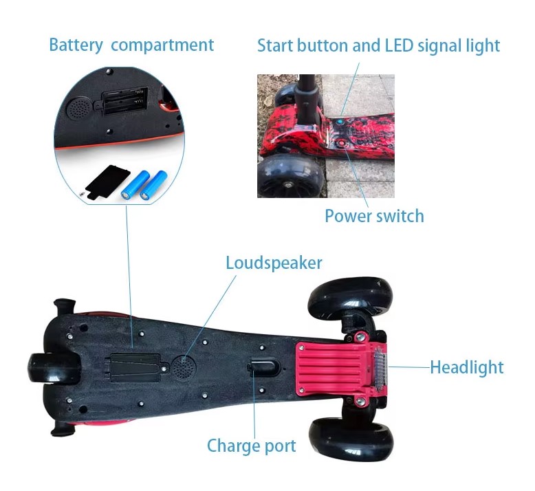 Trotinetă pentru copii cu 3 roți, ajustabilă, pliabila cu lumini LED, sunete si abur, Rosu - imagine 9
