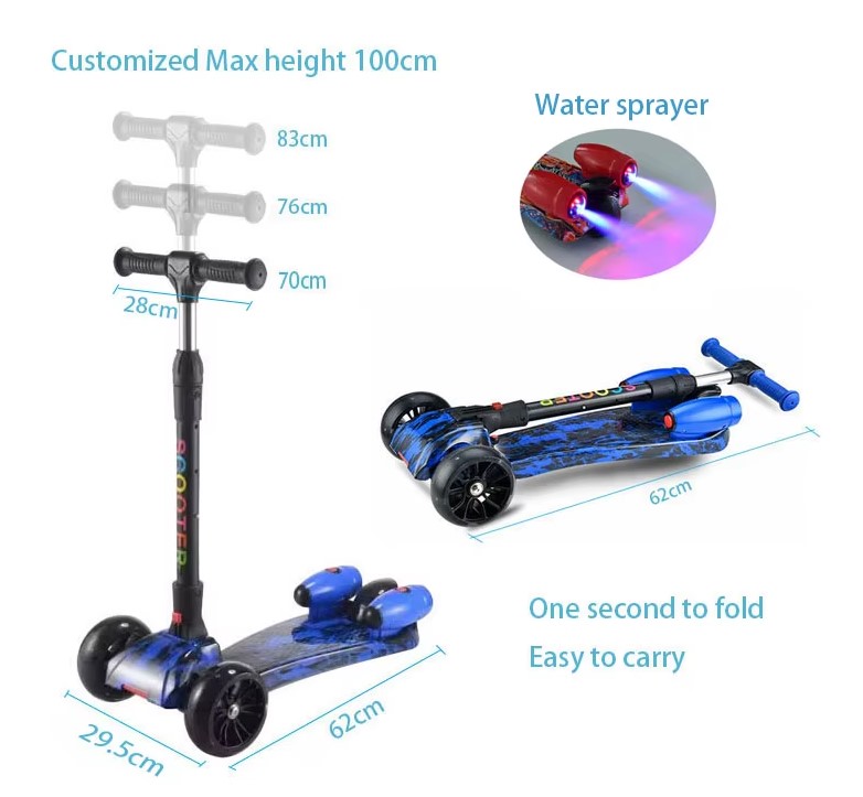Trotinetă pentru copii cu 3 roți, ajustabilă, pliabila cu lumini LED, sunete si abur, Rosu - imagine 8