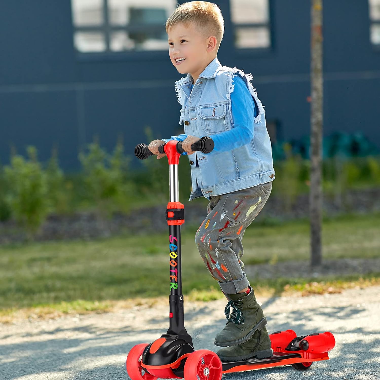 Trotinetă pentru copii cu 3 roți, ajustabilă, pliabila cu lumini LED, sunete si abur, Rosu - imagine 3