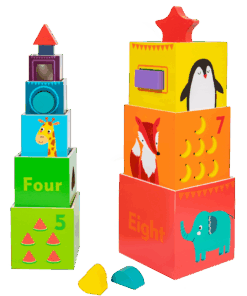 Turn de stivuire din lemn – Cutii colorate cu animale și numere, 3 ani