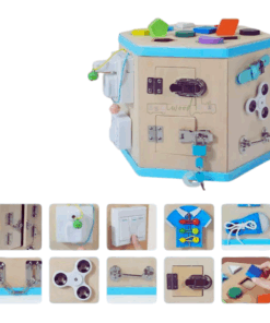 Centru educativ cu 14 activitati montessori, hexagonal, tip Busy Board, 3 ani