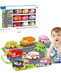 Joc bebe, set 9 masinute textile si covoras, 12 luni+