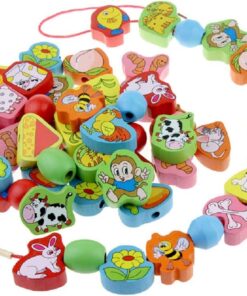 Joc de tip Montessori, set 56 margele din lemn, 3 ani, Animale