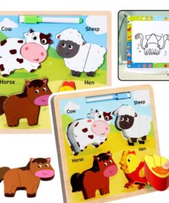 Puzzle educativ din lemn cu tablita de desenat, piese groase, 2 ani+