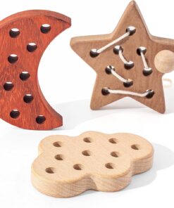 Set 3 jucării educative din lemn pentru șnuruit, 3 ani