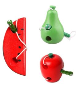 Set 3 jucării educative din lemn pentru șnuruit, Fructe, 3 ani