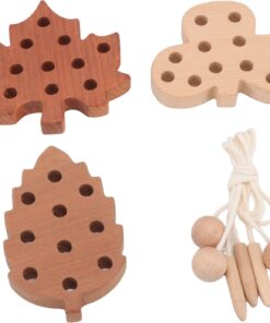 Set 3 jucării educative din lemn pentru șnuruit, Frunze, 3 ani